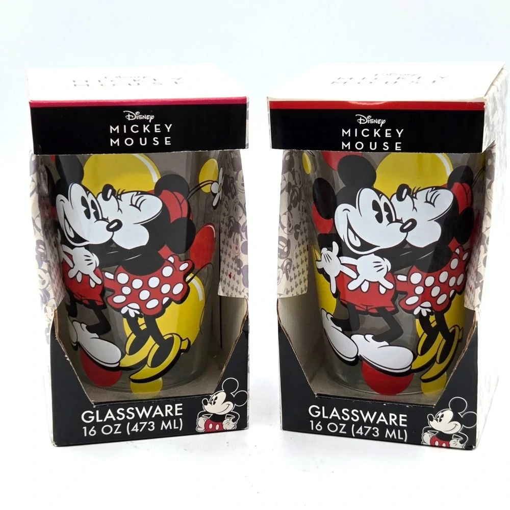 Pair of Mickey‎ And Minnie Mouse Disney Glassware 16 oz Drinking Glasses NIB
